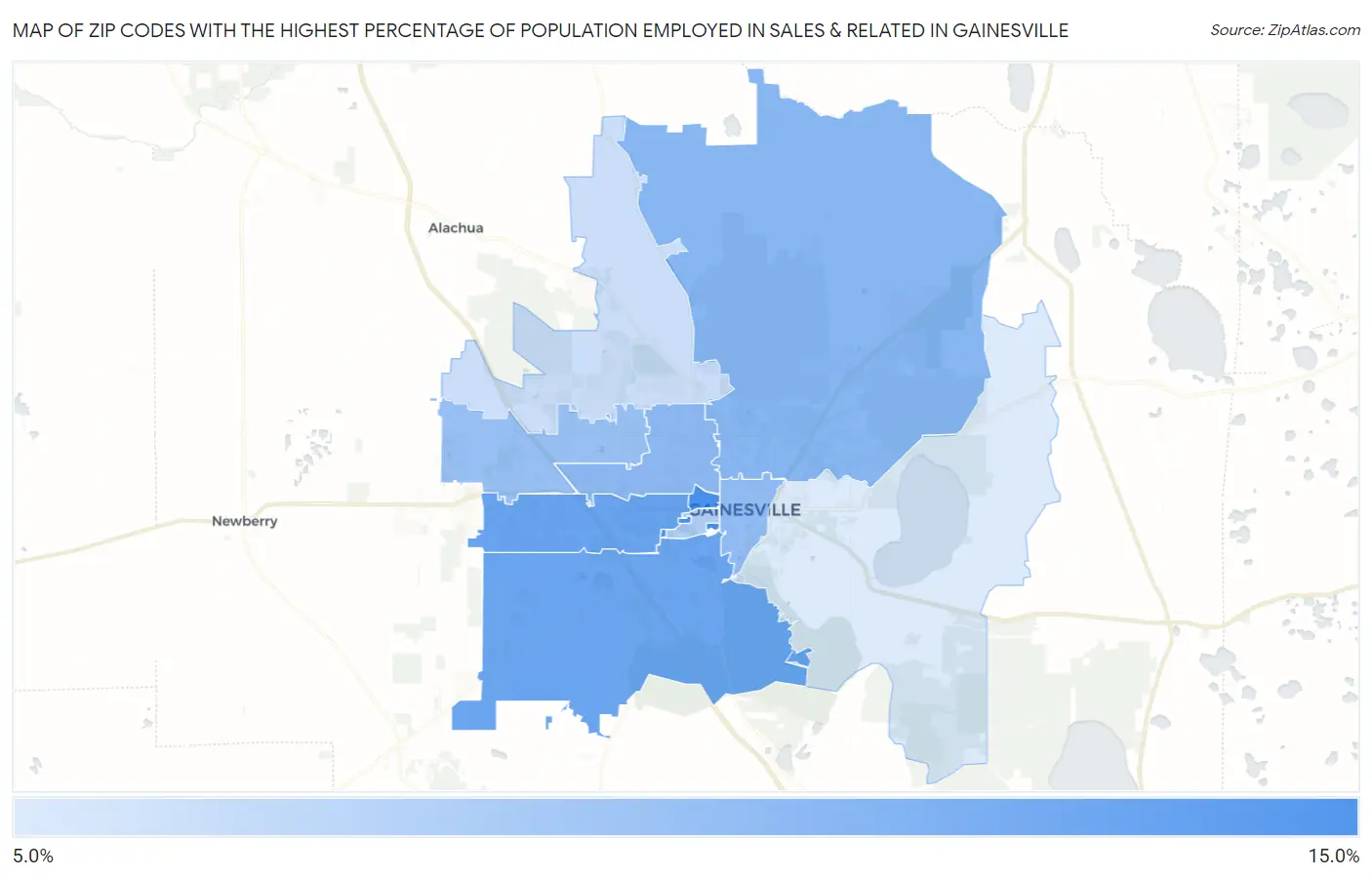 Zip Codes with the Highest Percentage of Population Employed in Sales & Related in Gainesville Map