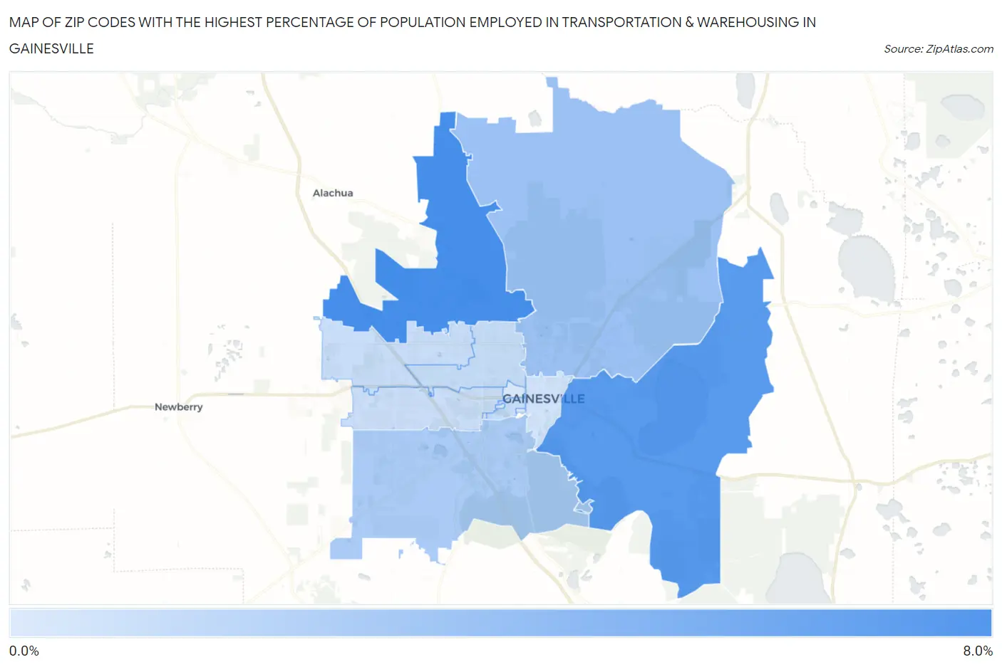 Zip Codes with the Highest Percentage of Population Employed in Transportation & Warehousing in Gainesville Map