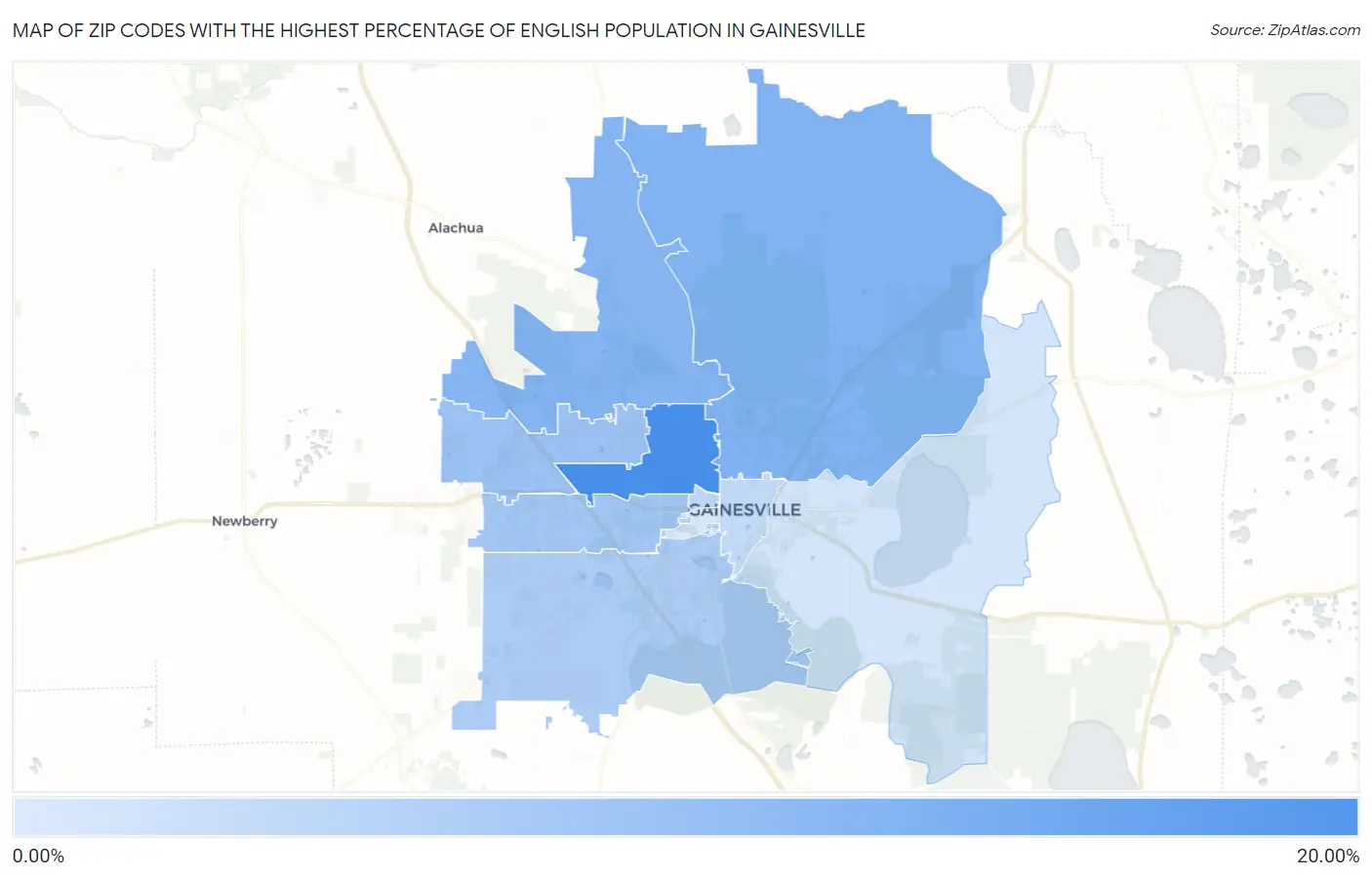 Zip Codes with the Highest Percentage of English Population in Gainesville Map