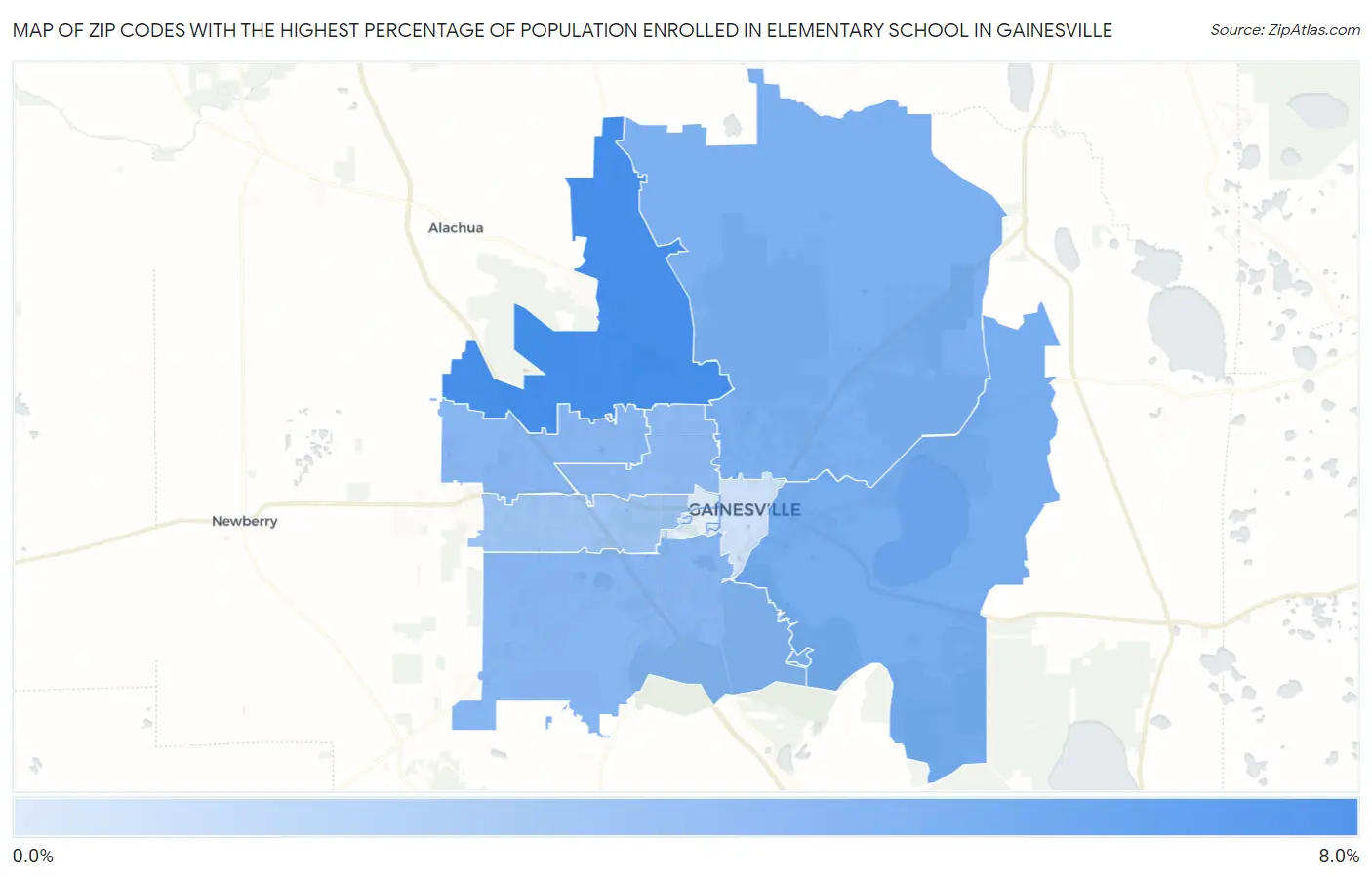 Zip Codes with the Highest Percentage of Population Enrolled in Elementary School in Gainesville Map