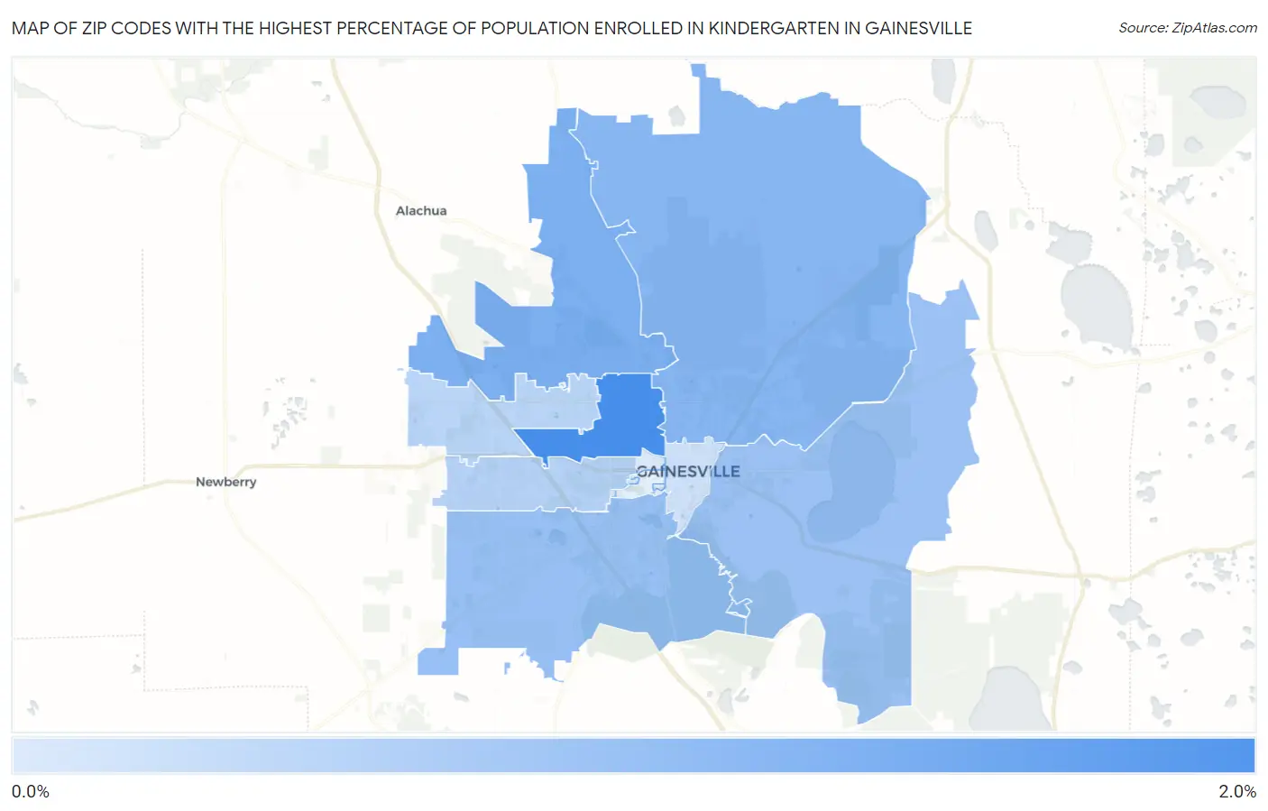 Zip Codes with the Highest Percentage of Population Enrolled in Kindergarten in Gainesville Map
