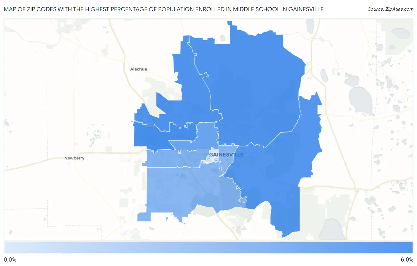Zip Codes with the Highest Percentage of Population Enrolled in Middle School in Gainesville Map