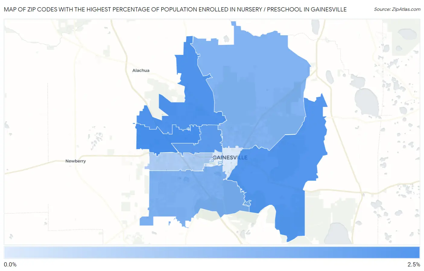 Zip Codes with the Highest Percentage of Population Enrolled in Nursery / Preschool in Gainesville Map