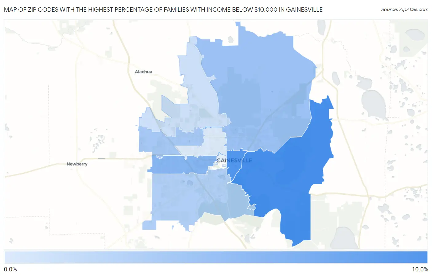 Zip Codes with the Highest Percentage of Families with Income Below $10,000 in Gainesville Map