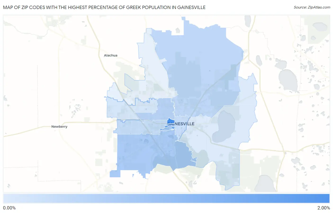 Zip Codes with the Highest Percentage of Greek Population in Gainesville Map