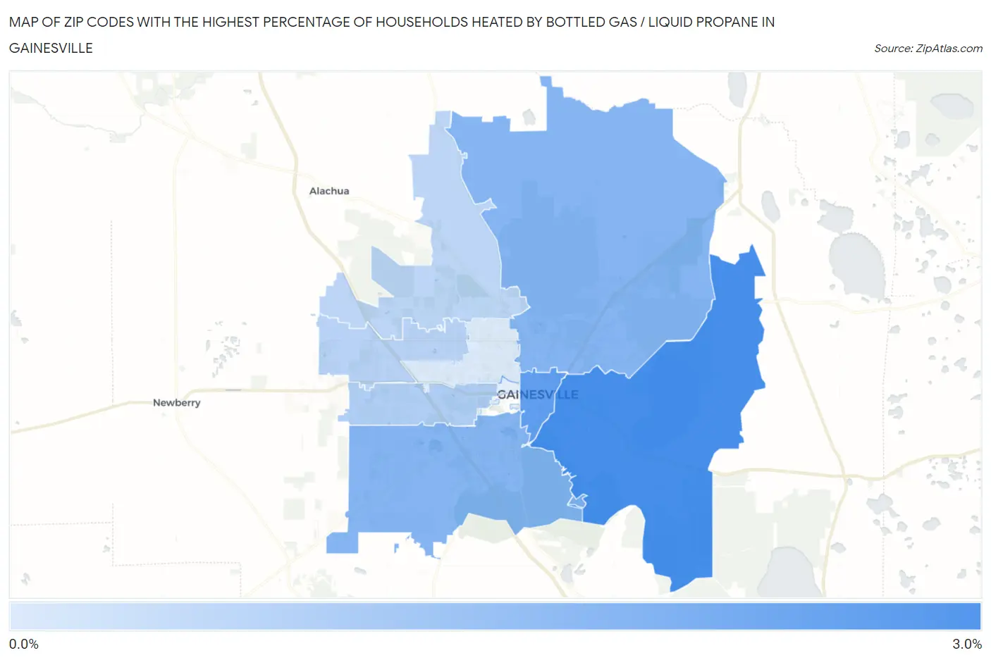 Zip Codes with the Highest Percentage of Households Heated by Bottled Gas / Liquid Propane in Gainesville Map