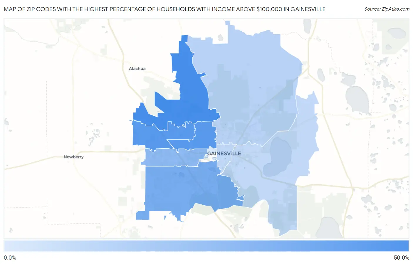 Zip Codes with the Highest Percentage of Households with Income Above $100,000 in Gainesville Map