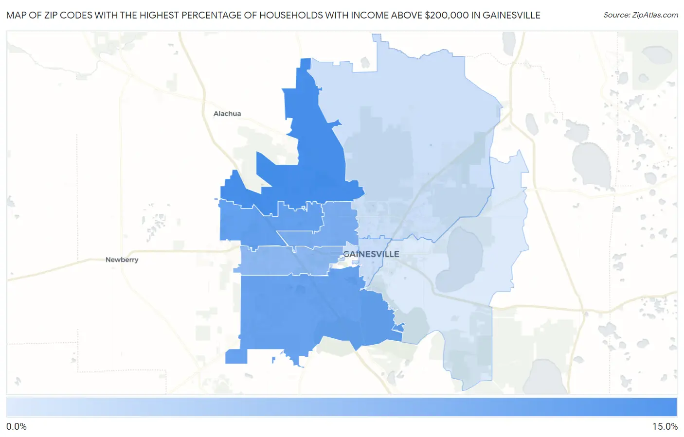 Zip Codes with the Highest Percentage of Households with Income Above $200,000 in Gainesville Map