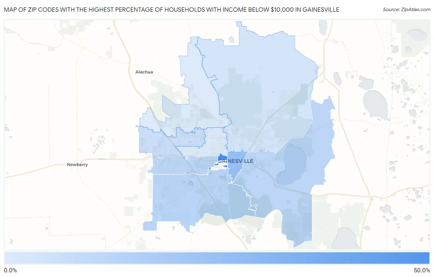 Zip Codes with the Highest Percentage of Households with Income Below $10,000 in Gainesville Map