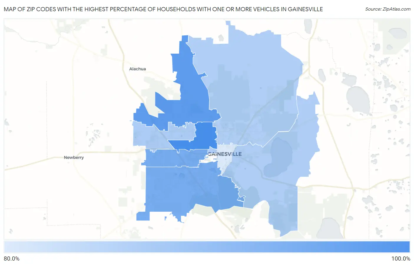 Zip Codes with the Highest Percentage of Households With One or more Vehicles in Gainesville Map