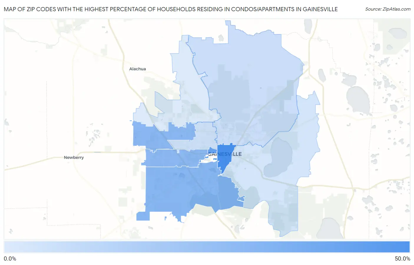 Zip Codes with the Highest Percentage of Households Residing in Condos/Apartments in Gainesville Map