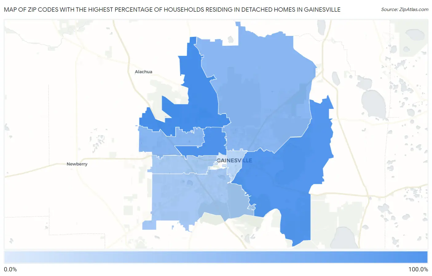 Zip Codes with the Highest Percentage of Households Residing in Detached Homes in Gainesville Map