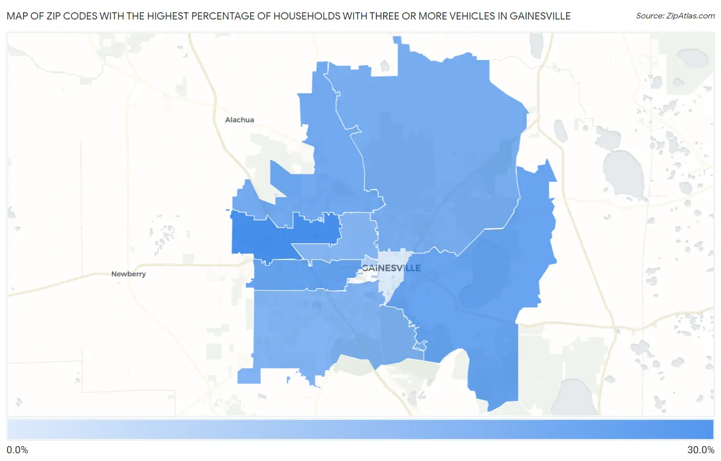Zip Codes with the Highest Percentage of Households With Three or more Vehicles in Gainesville Map