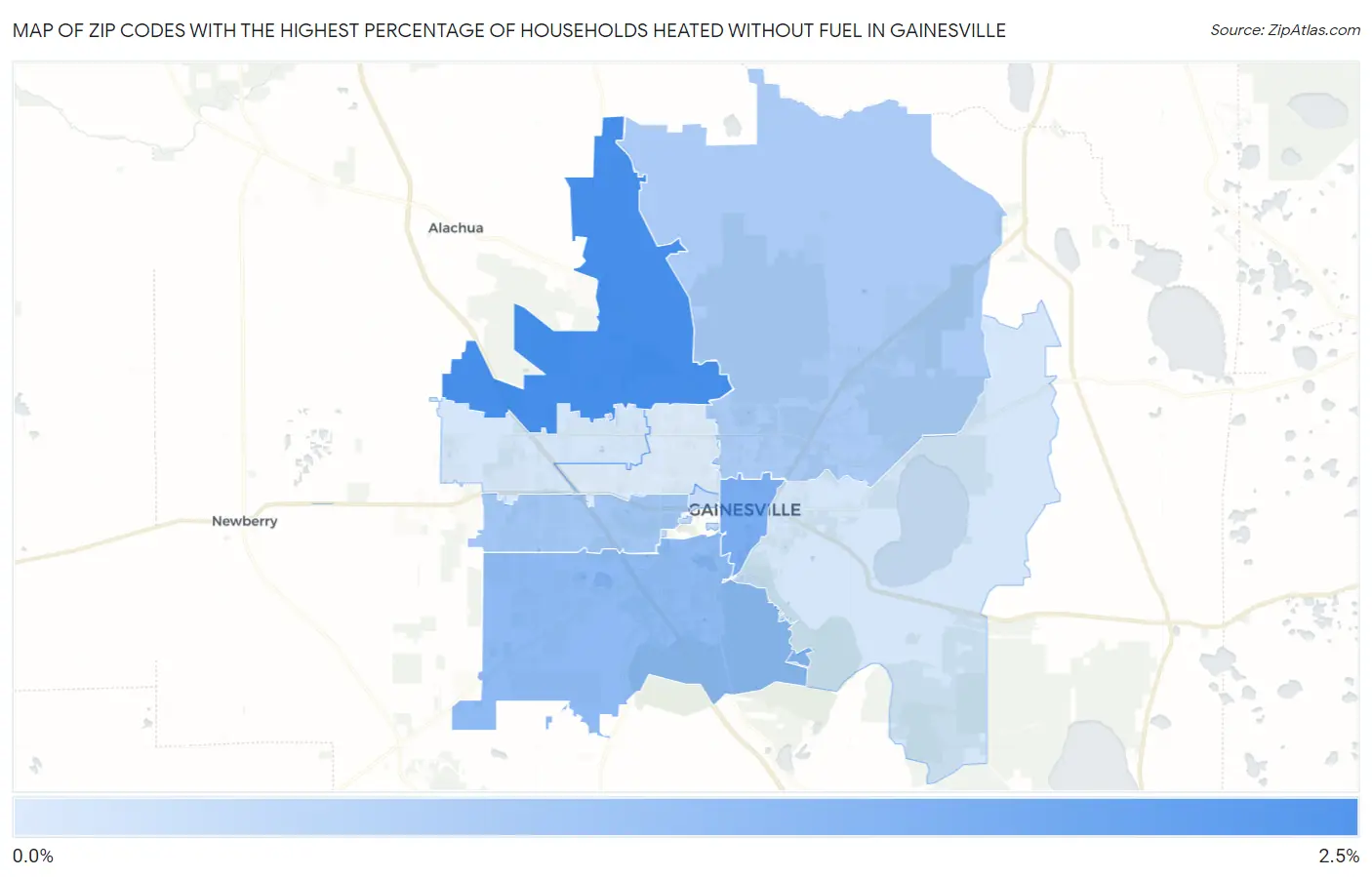 Zip Codes with the Highest Percentage of Households Heated without Fuel in Gainesville Map