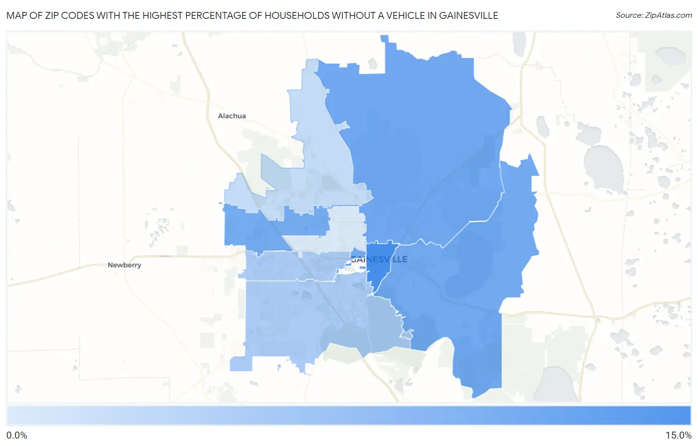 Zip Codes with the Highest Percentage of Households Without a Vehicle in Gainesville Map