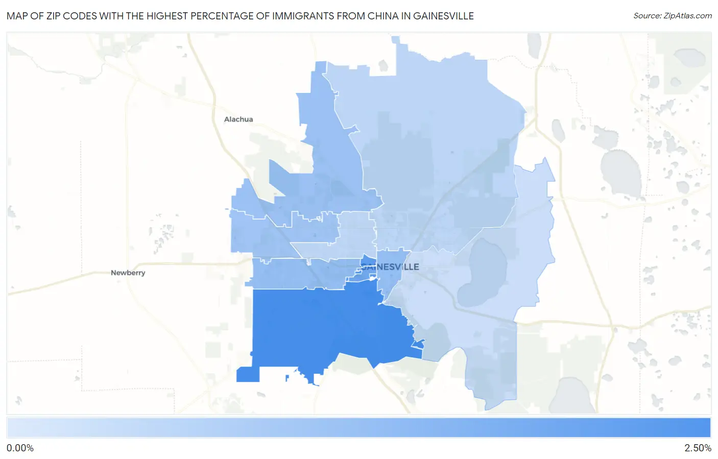 Zip Codes with the Highest Percentage of Immigrants from China in Gainesville Map