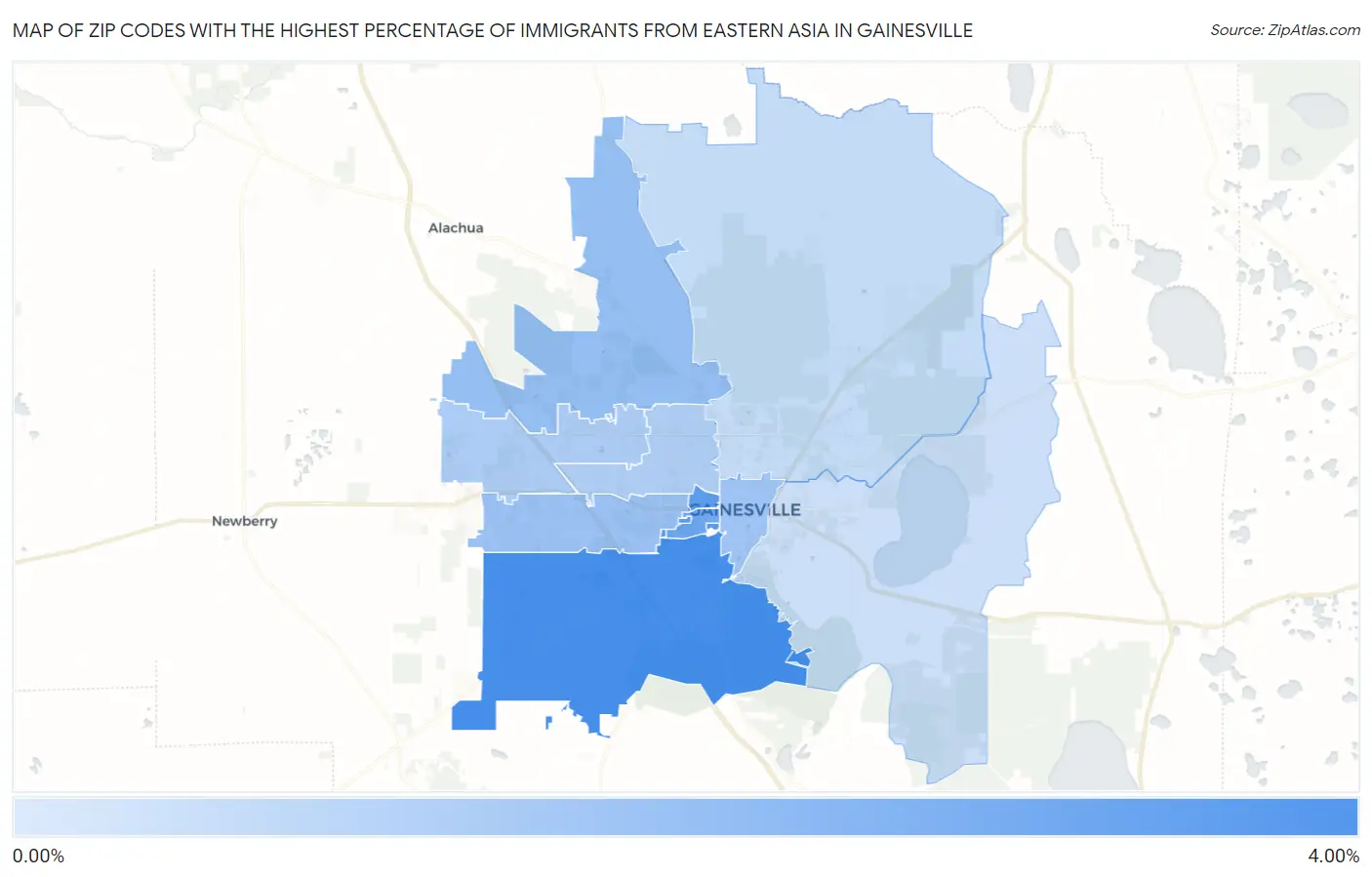 Zip Codes with the Highest Percentage of Immigrants from Eastern Asia in Gainesville Map