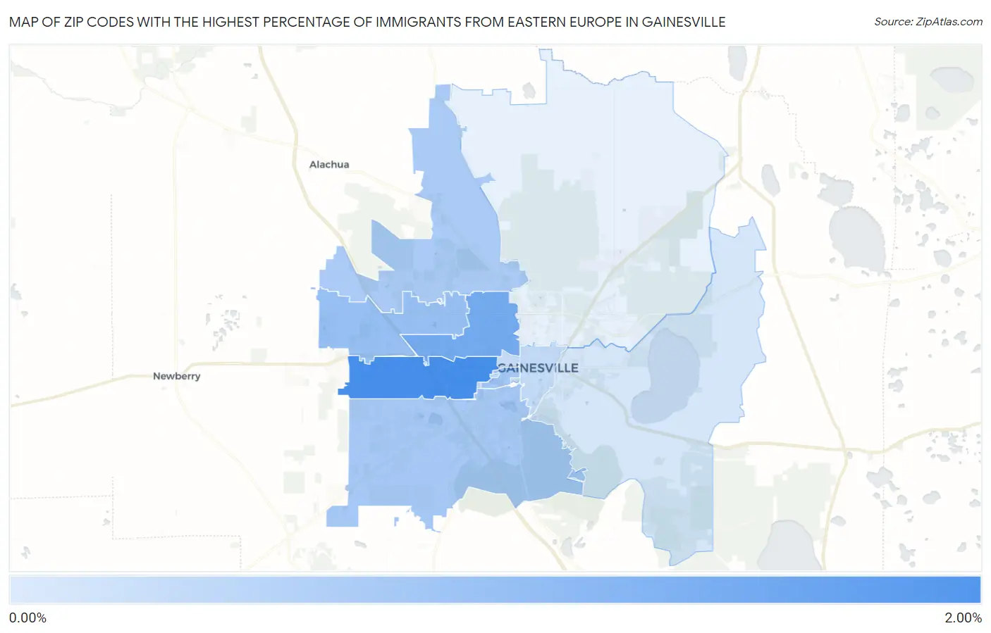 Zip Codes with the Highest Percentage of Immigrants from Eastern Europe in Gainesville Map