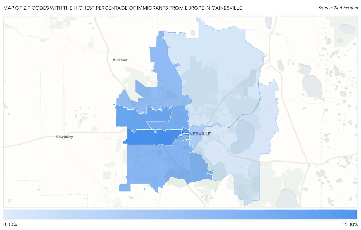 Zip Codes with the Highest Percentage of Immigrants from Europe in Gainesville Map