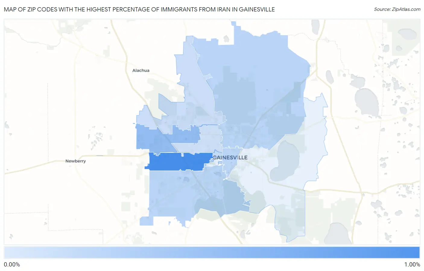 Zip Codes with the Highest Percentage of Immigrants from Iran in Gainesville Map