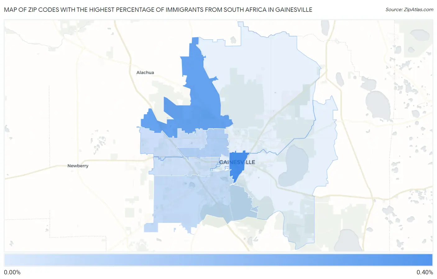 Zip Codes with the Highest Percentage of Immigrants from South Africa in Gainesville Map