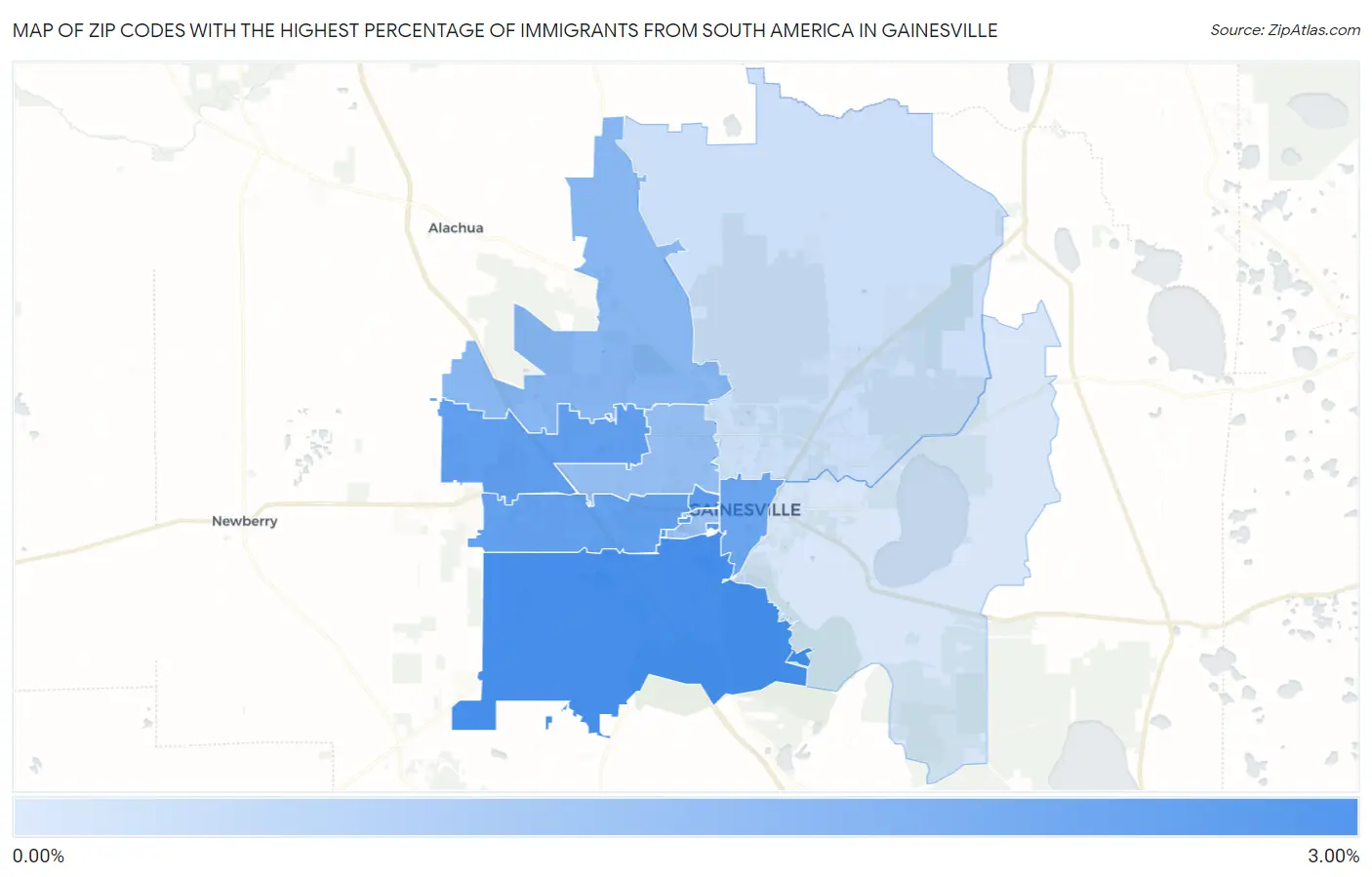 Zip Codes with the Highest Percentage of Immigrants from South America in Gainesville Map