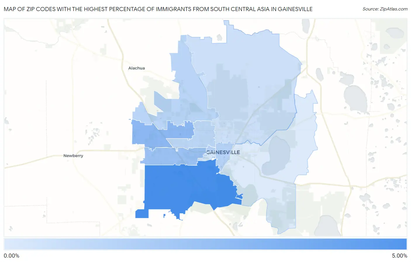 Zip Codes with the Highest Percentage of Immigrants from South Central Asia in Gainesville Map