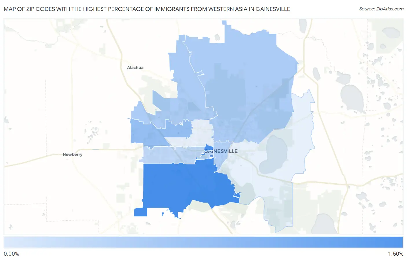 Zip Codes with the Highest Percentage of Immigrants from Western Asia in Gainesville Map