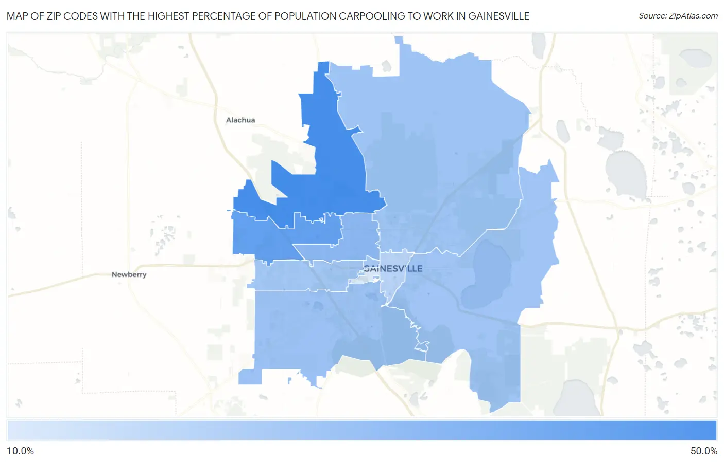 Zip Codes with the Highest Percentage of Population Carpooling to Work in Gainesville Map