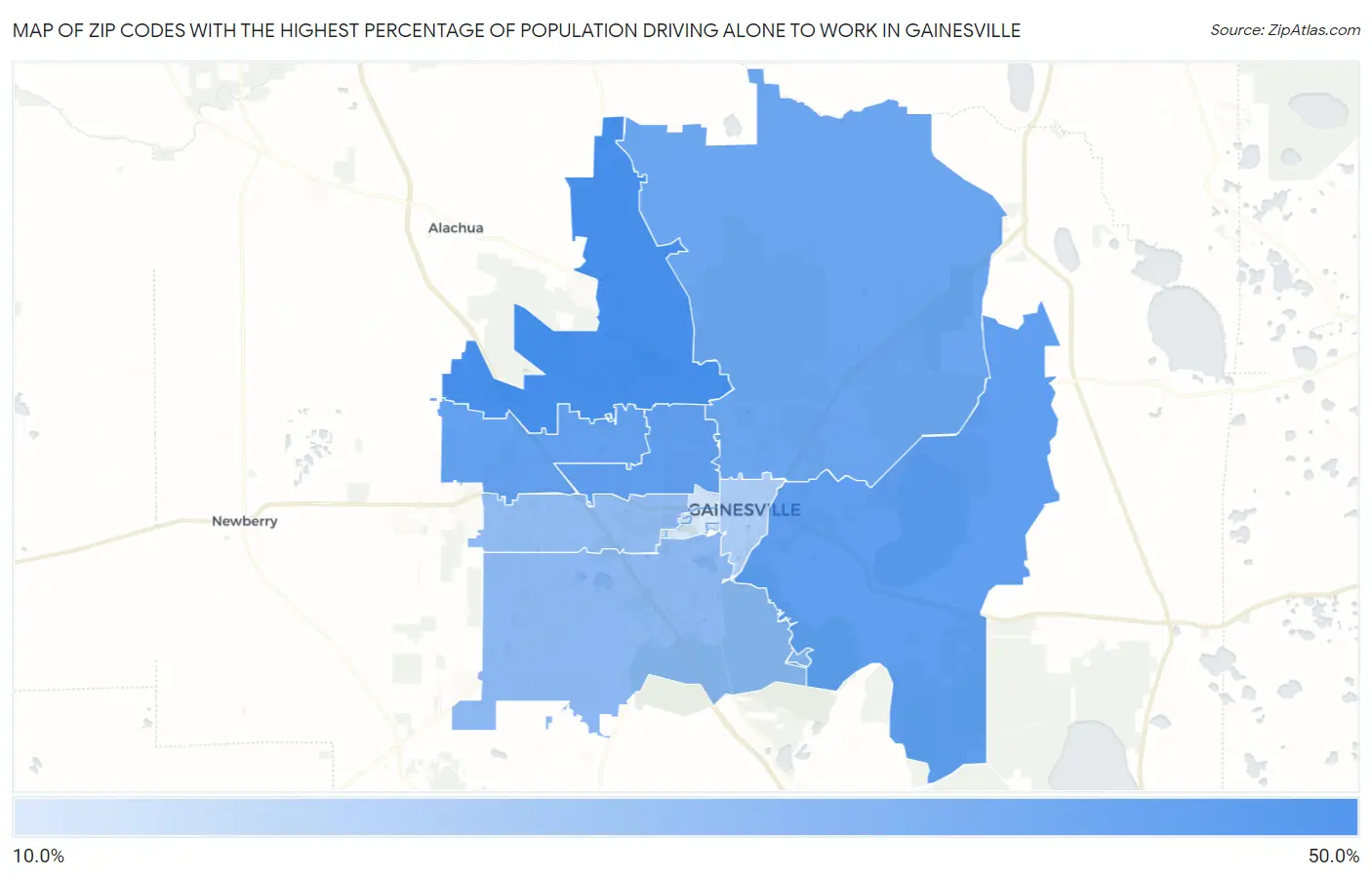 Zip Codes with the Highest Percentage of Population Driving Alone to Work in Gainesville Map