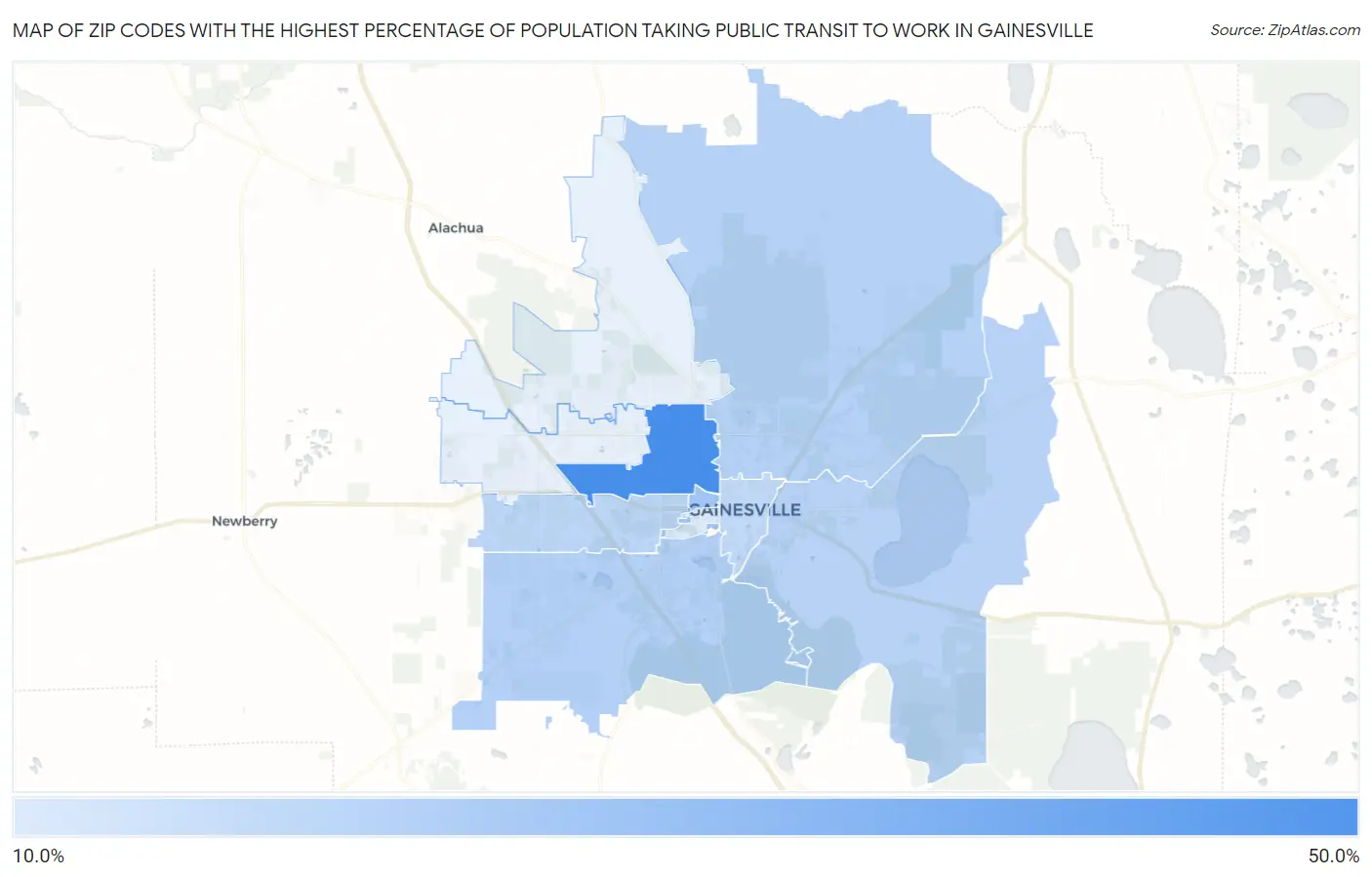 Zip Codes with the Highest Percentage of Population Taking Public Transit to Work in Gainesville Map