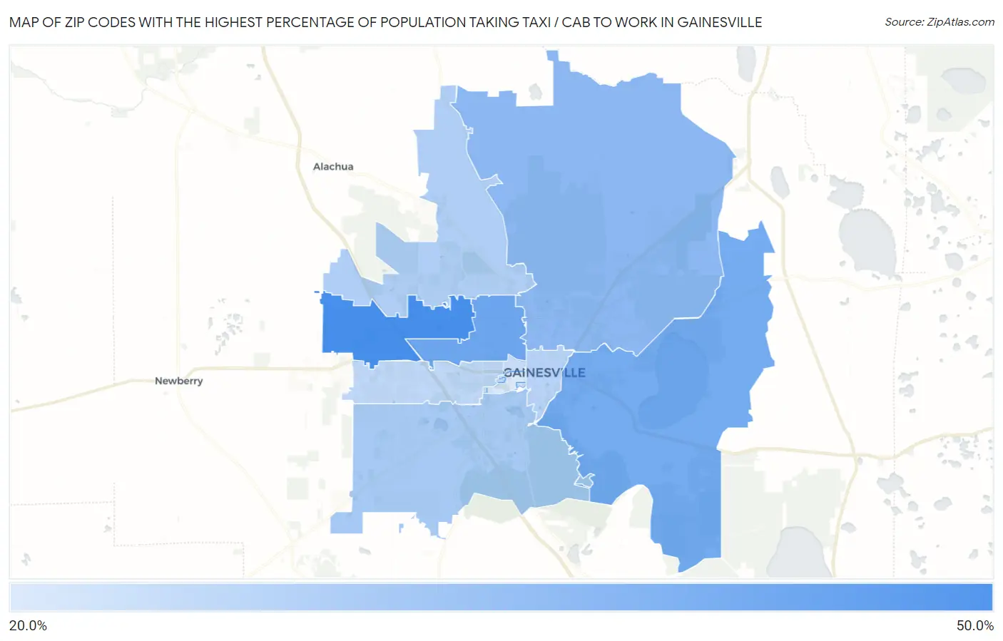 Zip Codes with the Highest Percentage of Population Taking Taxi / Cab to Work in Gainesville Map