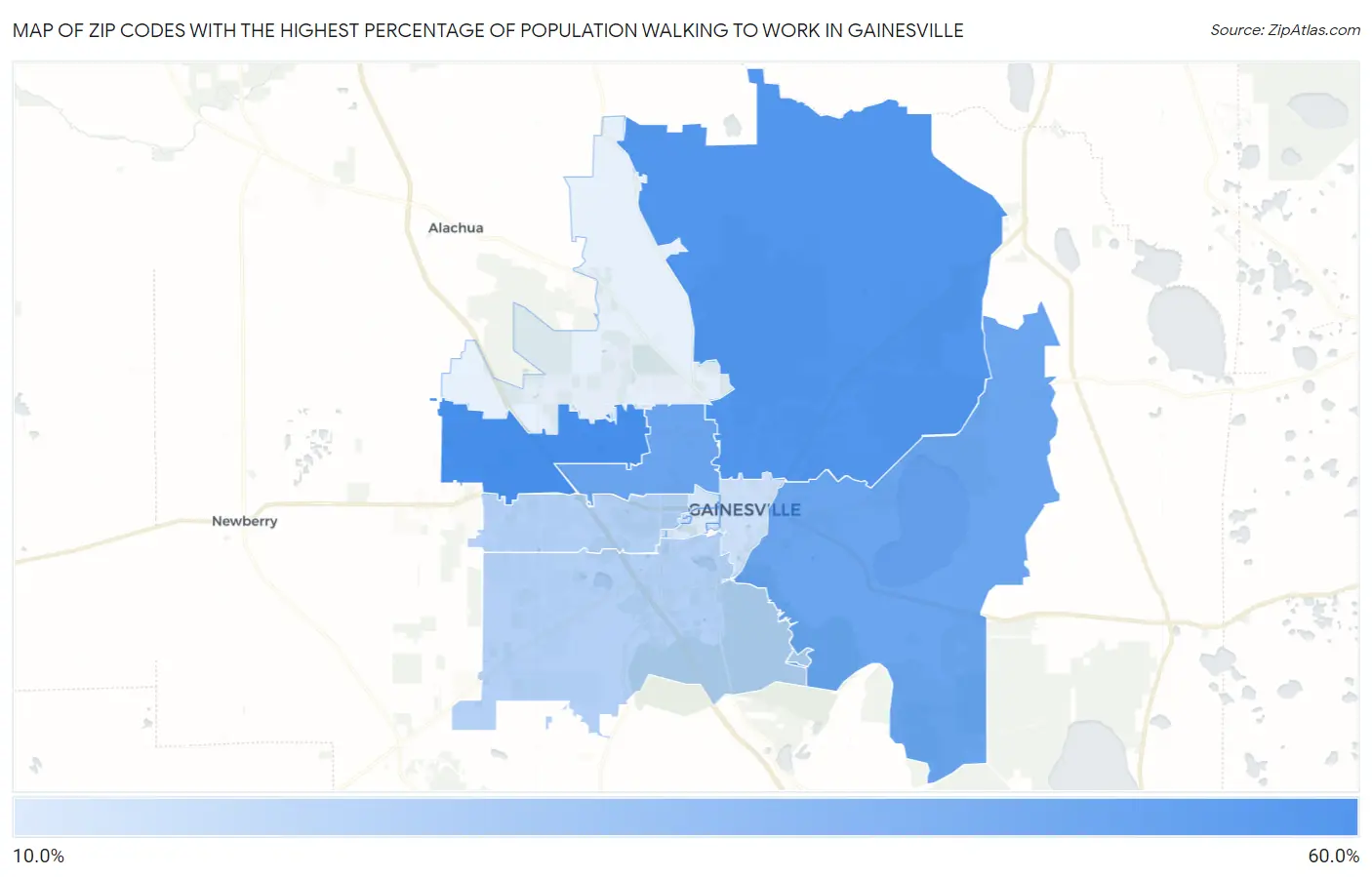 Zip Codes with the Highest Percentage of Population Walking to Work in Gainesville Map