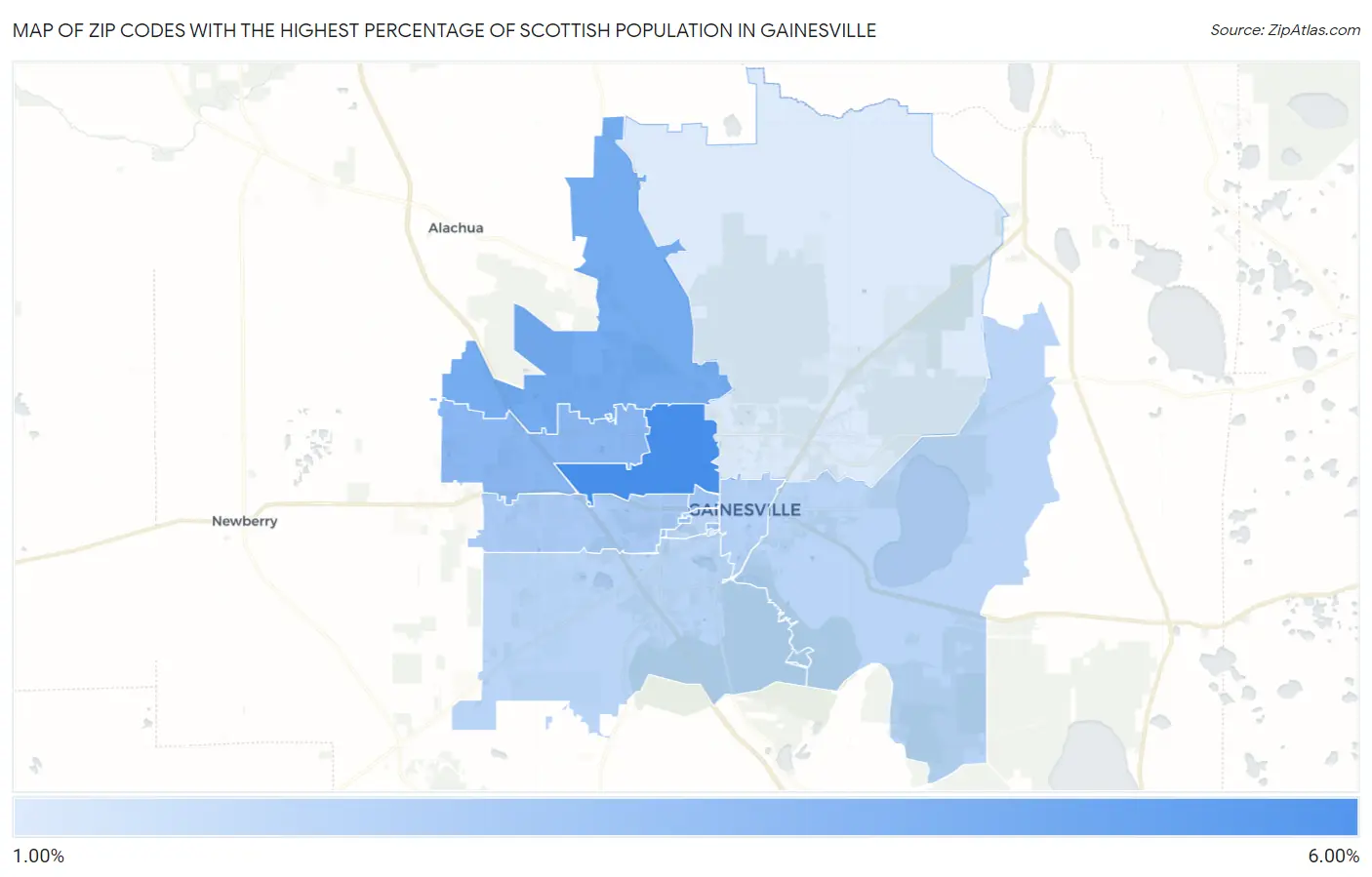 Zip Codes with the Highest Percentage of Scottish Population in Gainesville Map