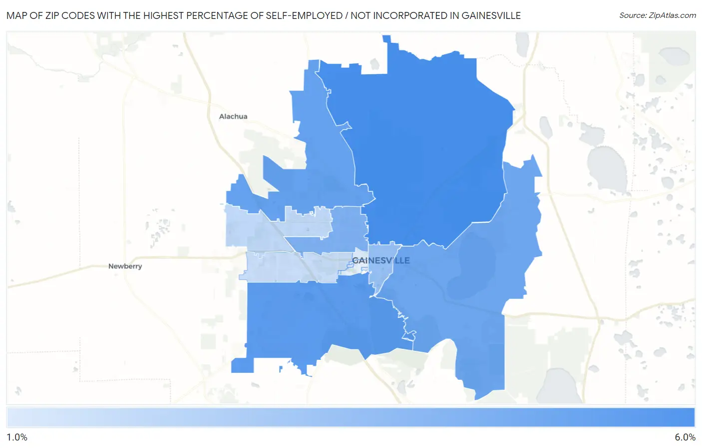 Zip Codes with the Highest Percentage of Self-Employed / Not Incorporated in Gainesville Map