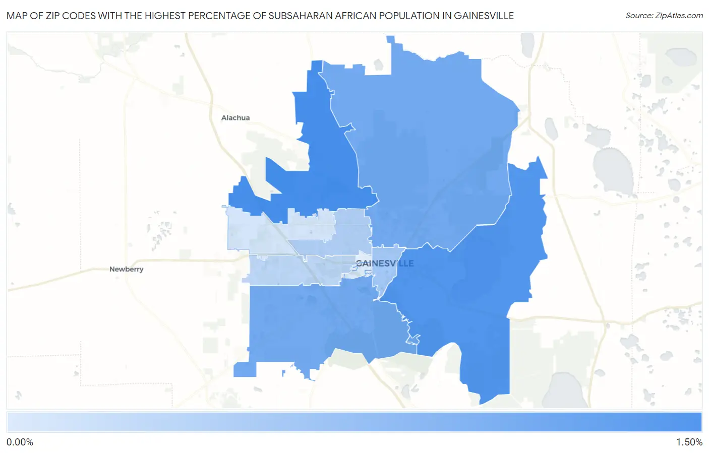 Zip Codes with the Highest Percentage of Subsaharan African Population in Gainesville Map