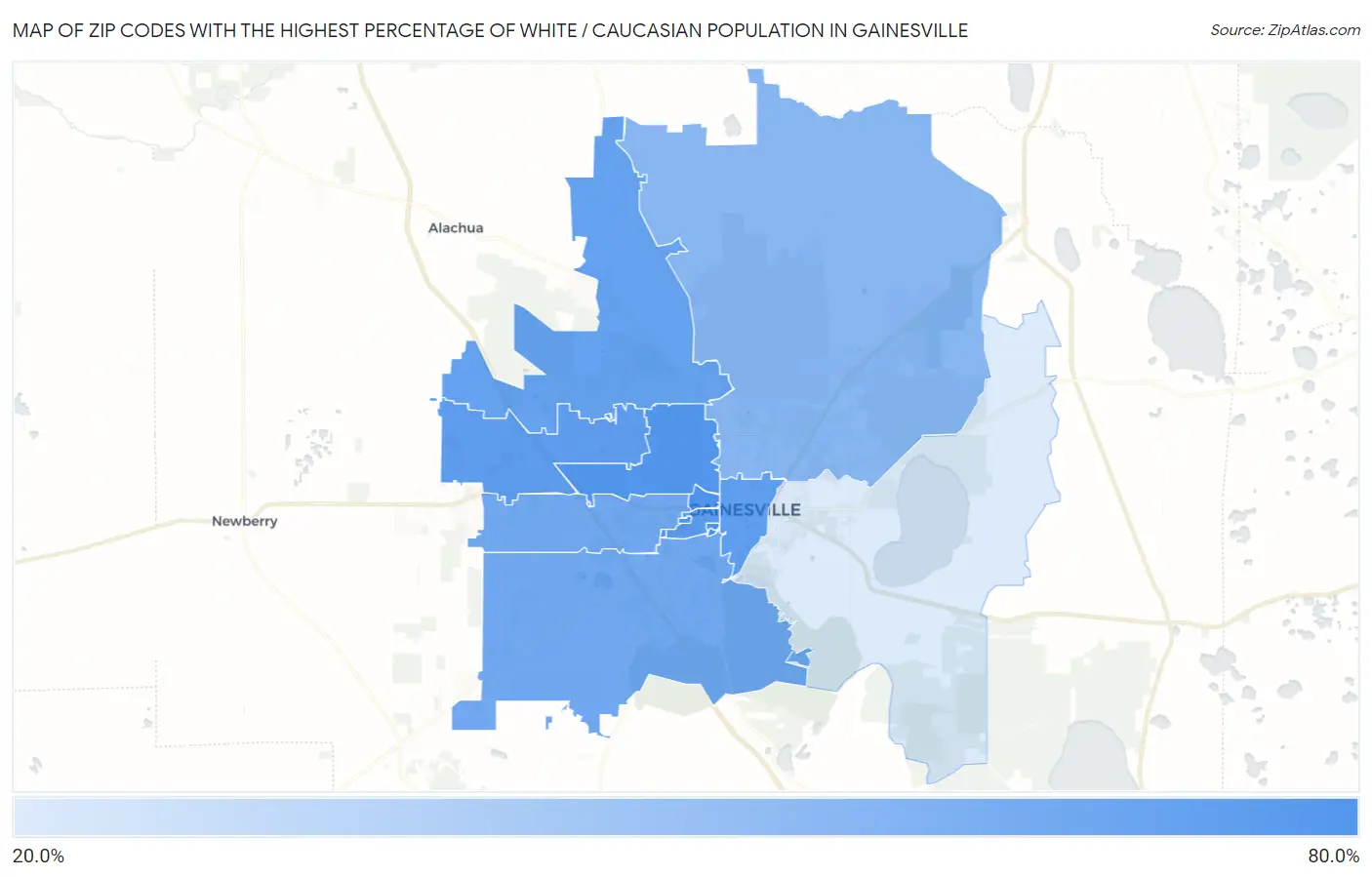 Zip Codes with the Highest Percentage of White / Caucasian Population in Gainesville Map