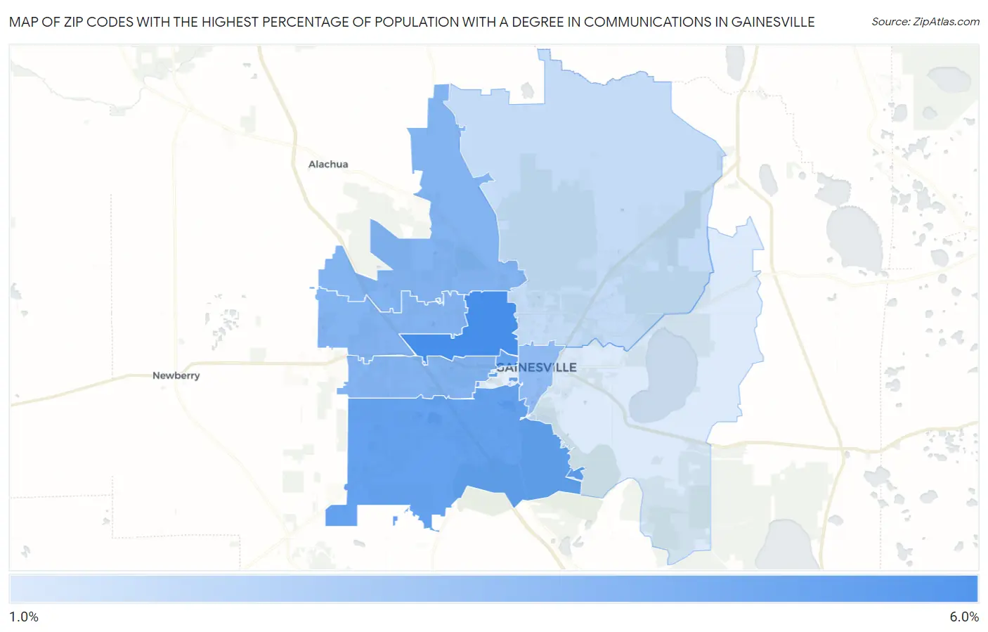 Zip Codes with the Highest Percentage of Population with a Degree in Communications in Gainesville Map