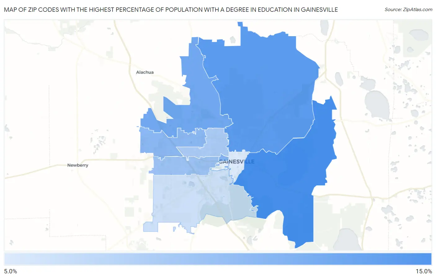 Zip Codes with the Highest Percentage of Population with a Degree in Education in Gainesville Map