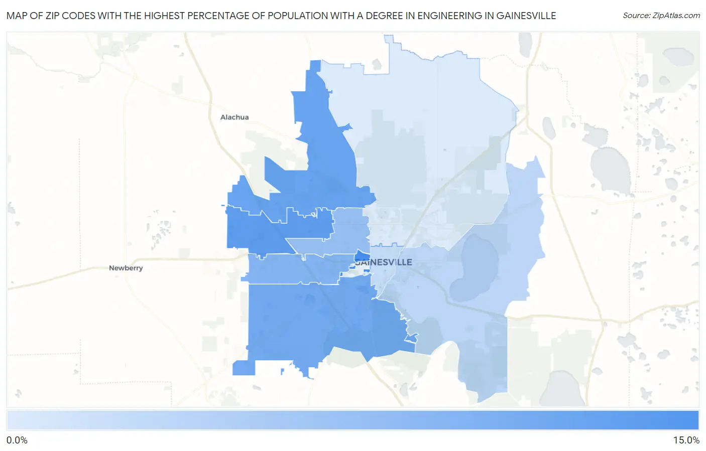 Zip Codes with the Highest Percentage of Population with a Degree in Engineering in Gainesville Map