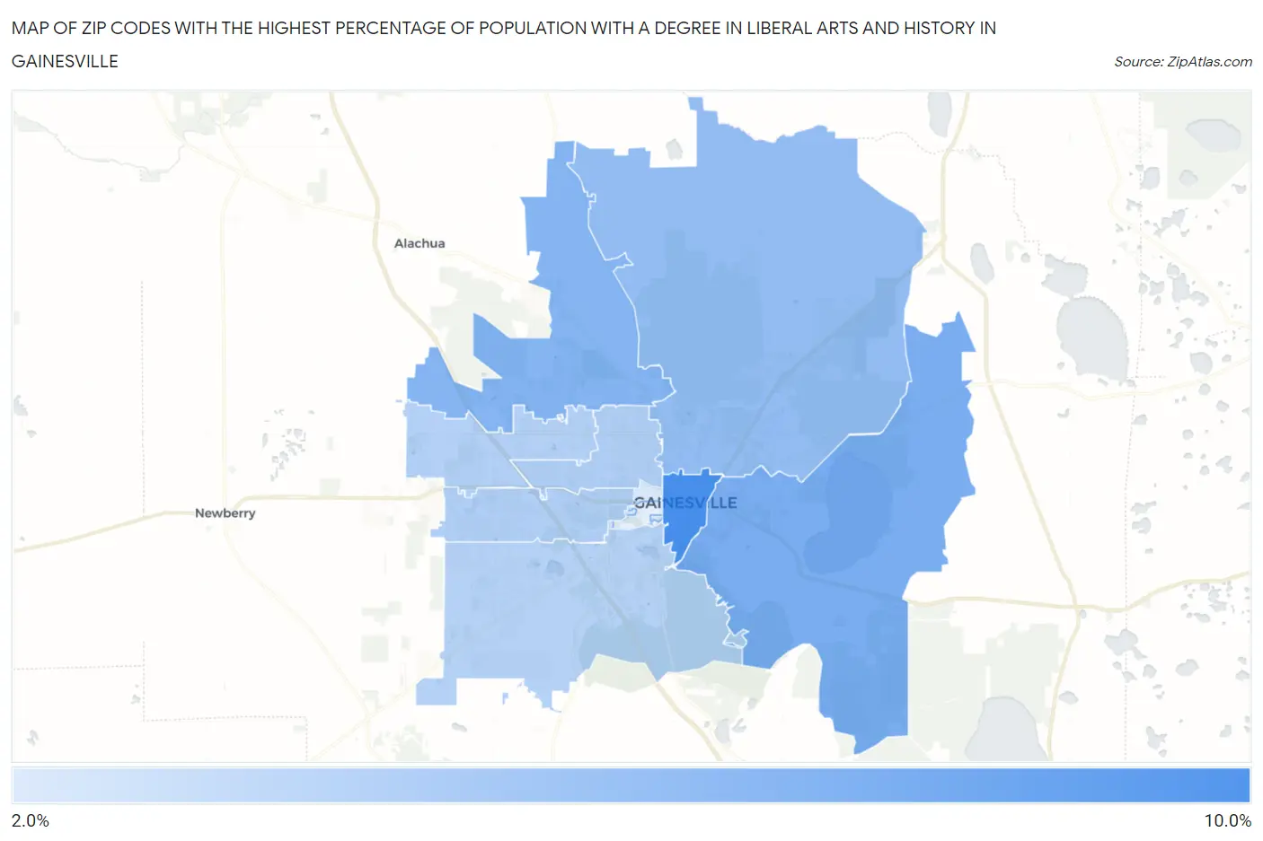 Zip Codes with the Highest Percentage of Population with a Degree in Liberal Arts and History in Gainesville Map
