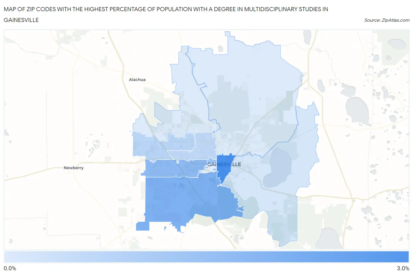 Zip Codes with the Highest Percentage of Population with a Degree in Multidisciplinary Studies in Gainesville Map