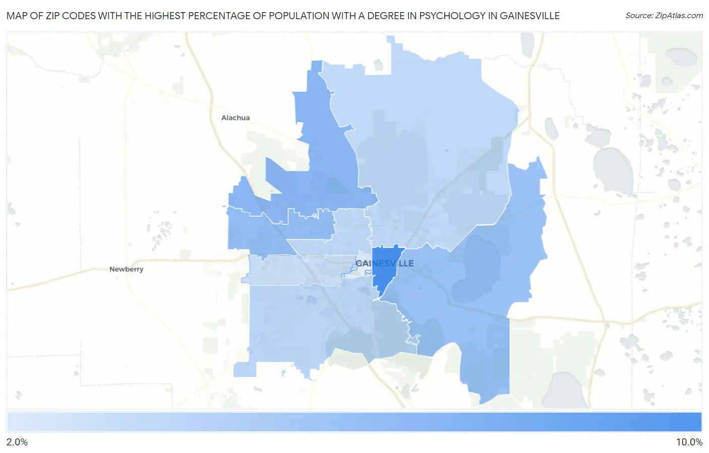 Zip Codes with the Highest Percentage of Population with a Degree in Psychology in Gainesville Map