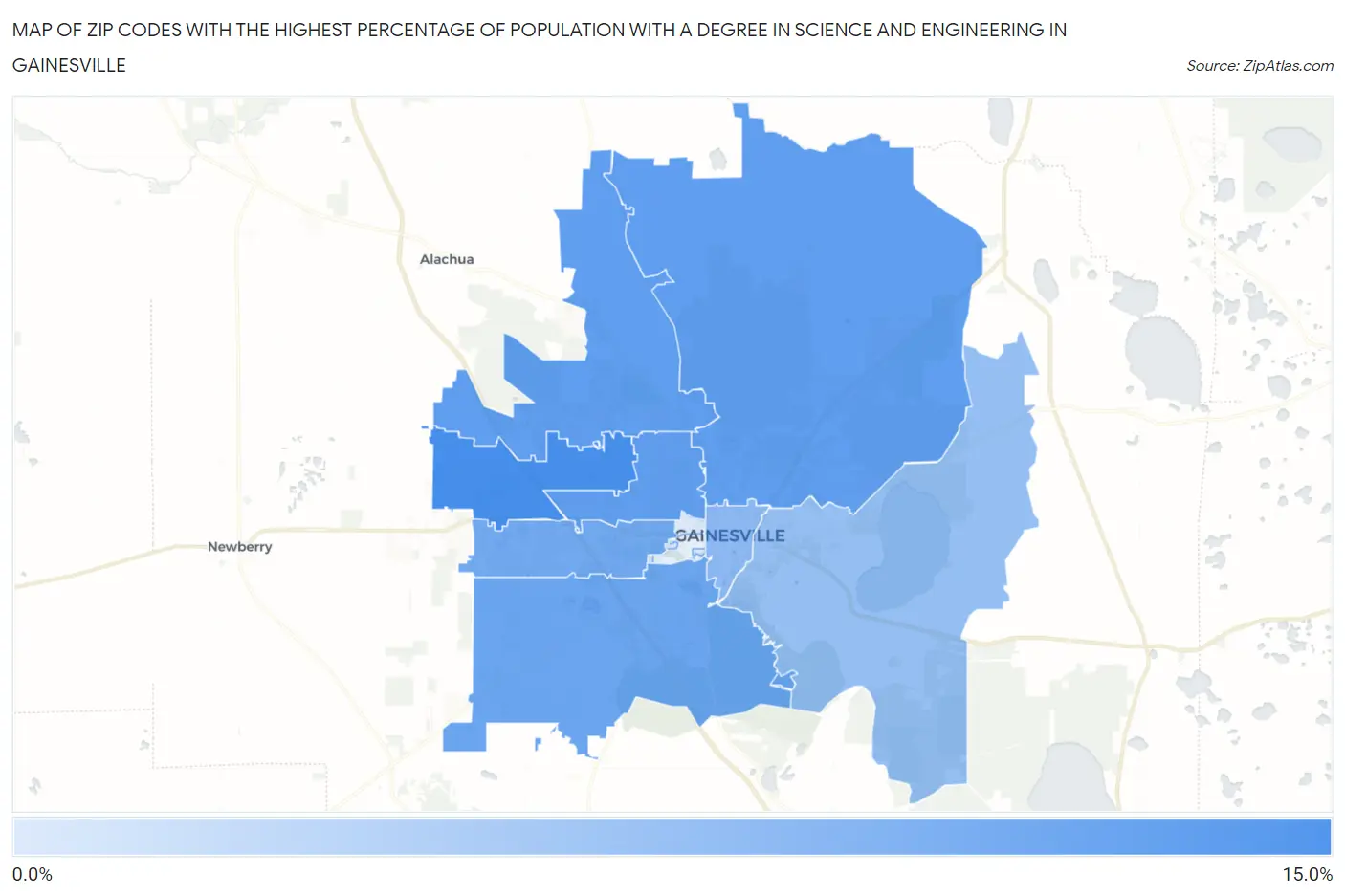 Zip Codes with the Highest Percentage of Population with a Degree in Science and Engineering in Gainesville Map