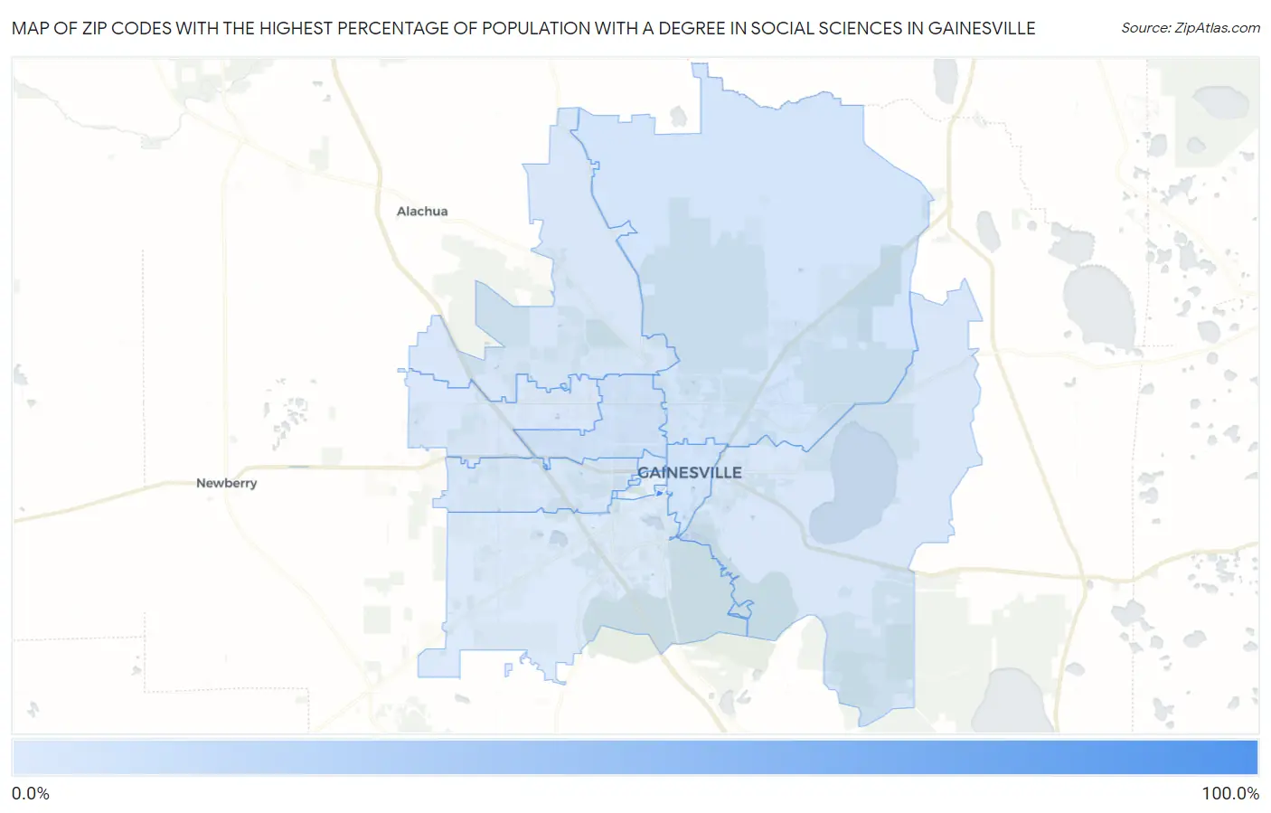 Zip Codes with the Highest Percentage of Population with a Degree in Social Sciences in Gainesville Map
