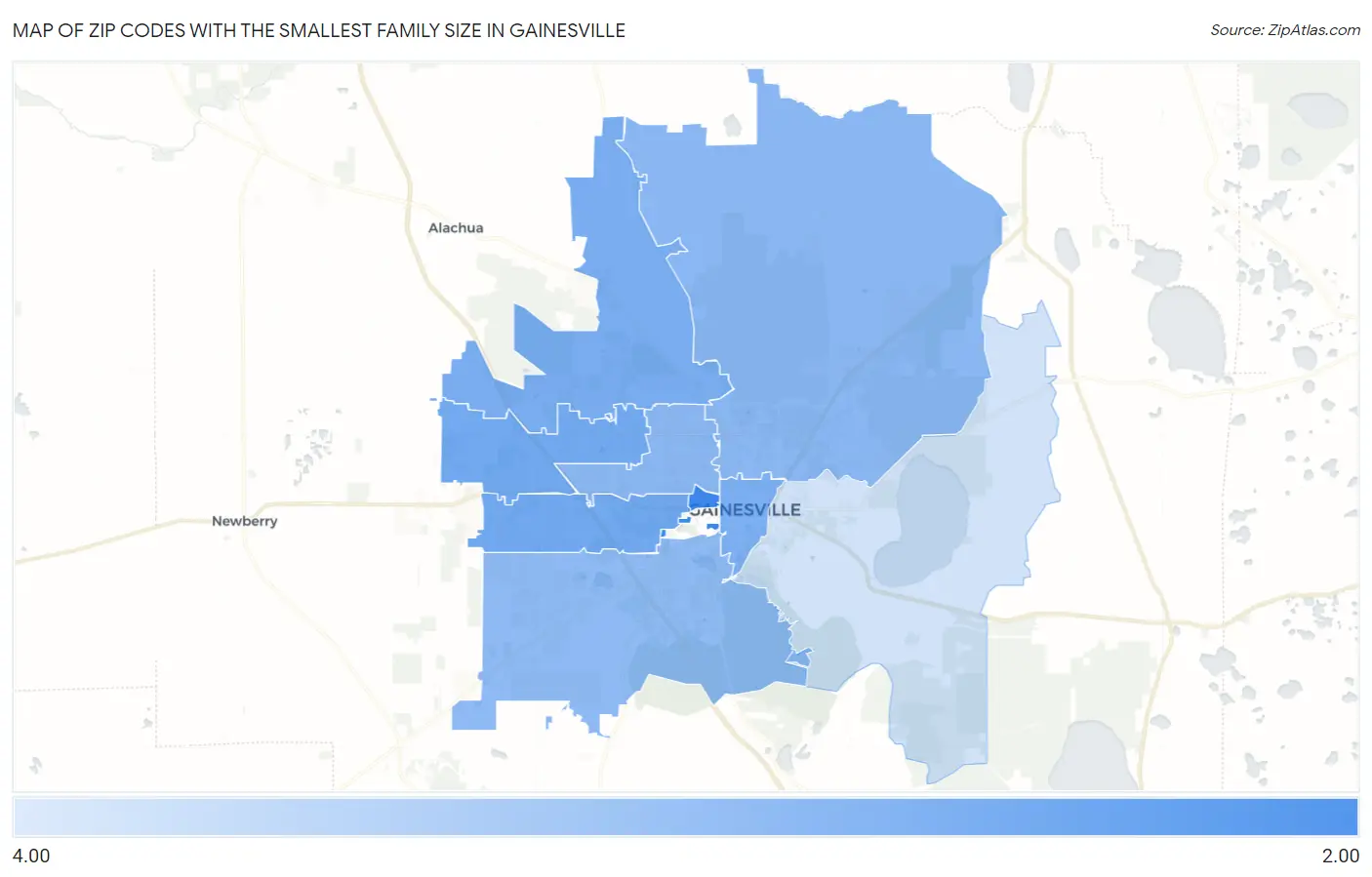 Zip Codes with the Smallest Family Size in Gainesville Map