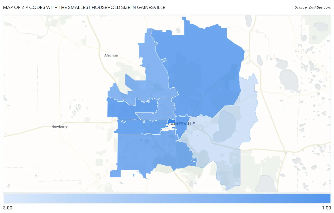 Zip Codes with the Smallest Household Size in Gainesville Map