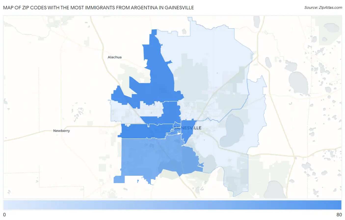 Zip Codes with the Most Immigrants from Argentina in Gainesville Map