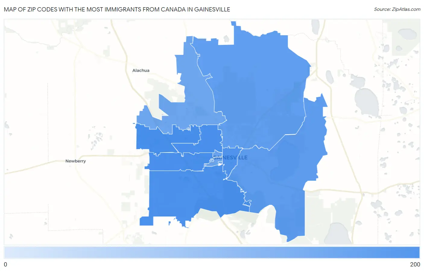 Zip Codes with the Most Immigrants from Canada in Gainesville Map