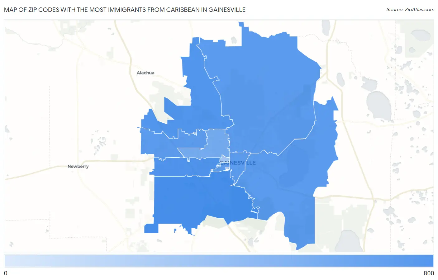 Zip Codes with the Most Immigrants from Caribbean in Gainesville Map